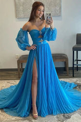 Chiffon A-line Sweetheart Neck Beaded Prom Dresses With Slit